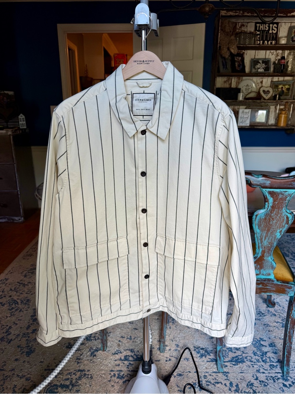 Denim & Flower Men's Cream Overshirt with Black Pinstripes